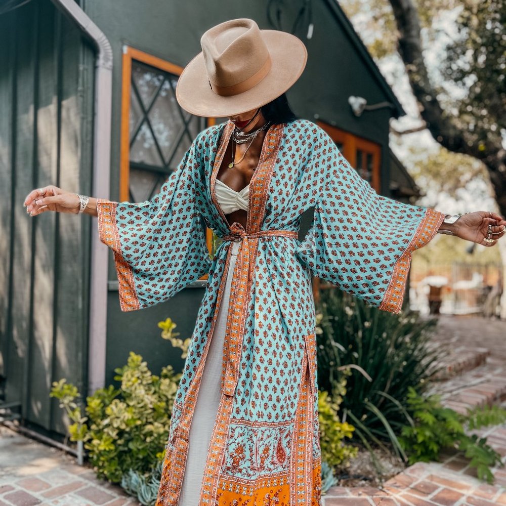 Boho Paisley Bohemian Romantic Turquoise Kimono - Picture 3 of 10
